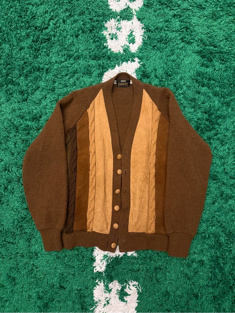 Vintage Brown Panel Button-Up Men's Sweater Cardigan
